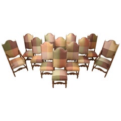 French Walnut Dining Chairs, Exceptionally High Backed in Austrian Silk, Set 12