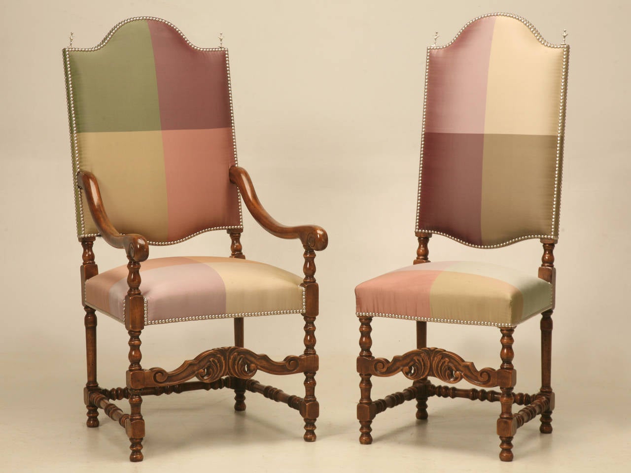 French Walnut Dining Chairs, Exceptionally High Backed in Austrian Silk, Set 12 3