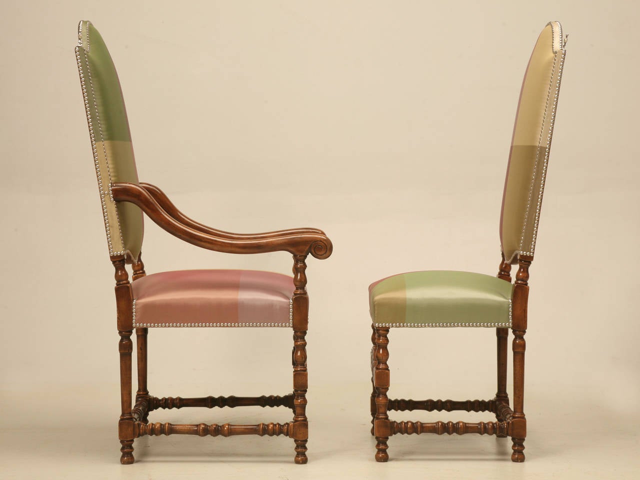 French Walnut Dining Chairs, Exceptionally High Backed in Austrian Silk, Set 12 4