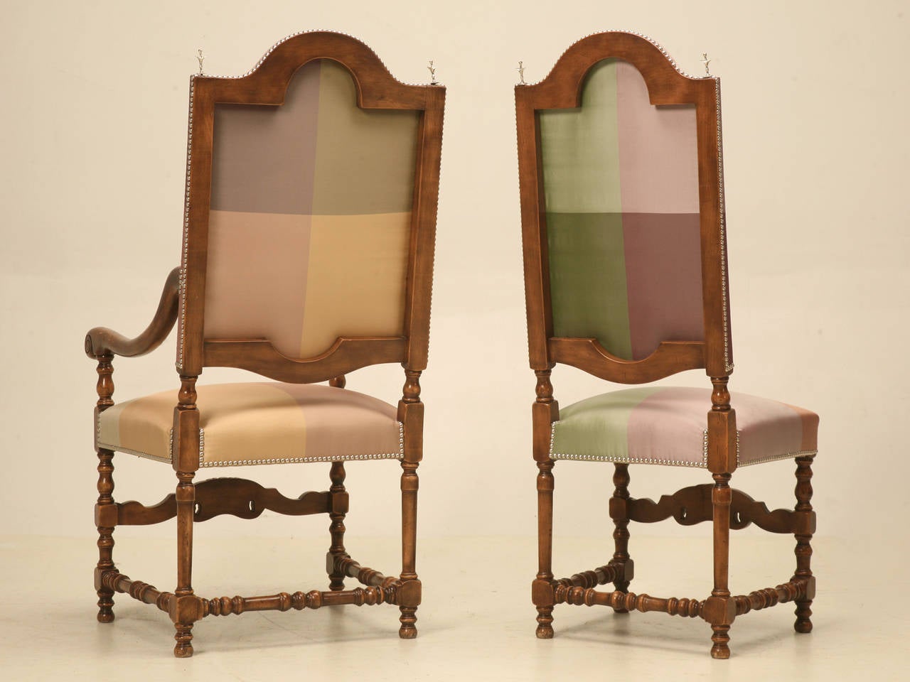 French Walnut Dining Chairs, Exceptionally High Backed in Austrian Silk, Set 12 5