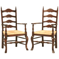 Awesome Pair of Vintage English Solid Oak Ladder Back Arm Chairs w/Finials
