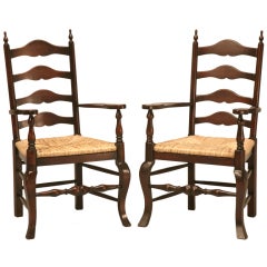 Awesome Pair of Vintage English Solid Oak Ladder Back Arm Chairs w/Finials 9