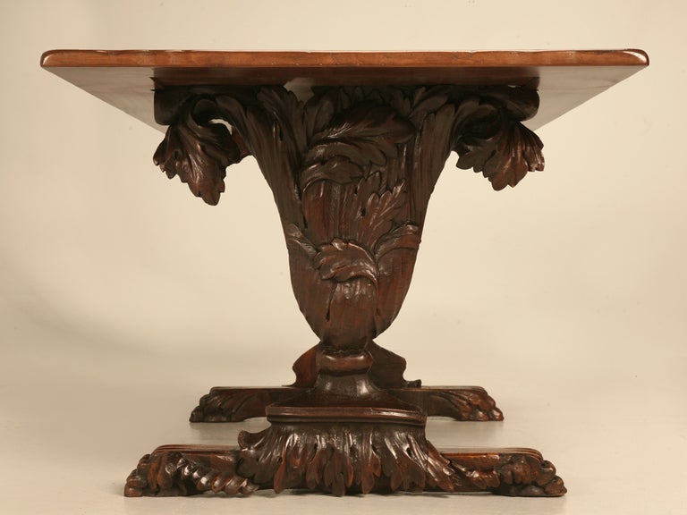 Hand Carved Organic Relief Antique French Solid Walnut Trestle Table In Good Condition In Chicago, IL