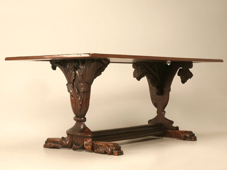 Hand Carved Organic Relief Antique French Solid Walnut Trestle Table 3