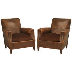 Pair of 1930's French  Original Leather Club Chairs