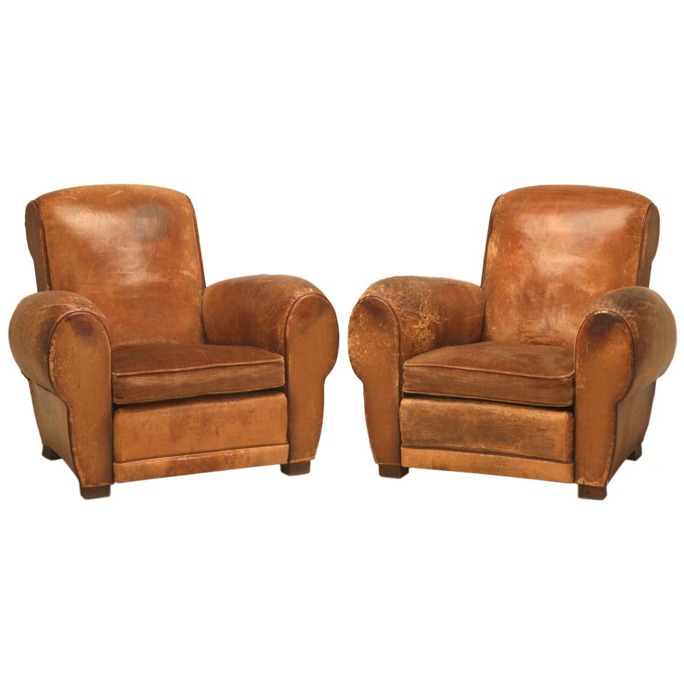 Pair 1940's Original French Leather Club Chairs at 1stDibs