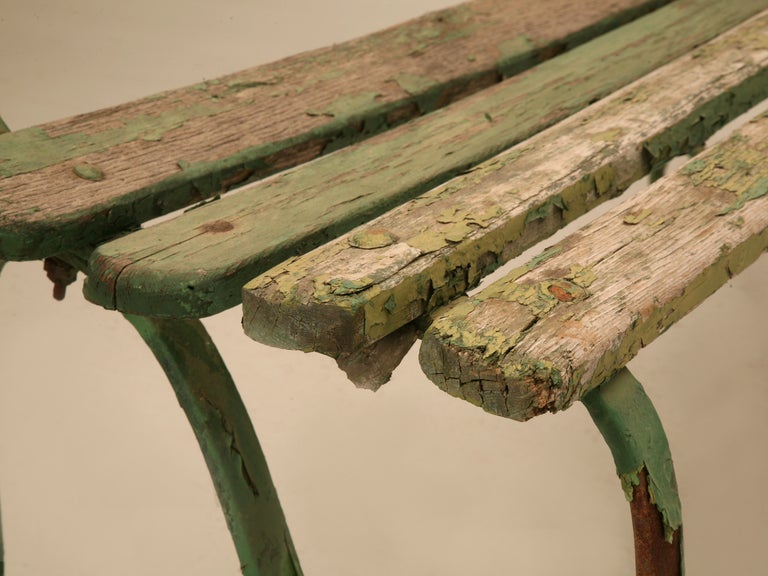 Original English Park Bench w/Warm & Inviting Worn Green Paint In Fair Condition In Chicago, IL