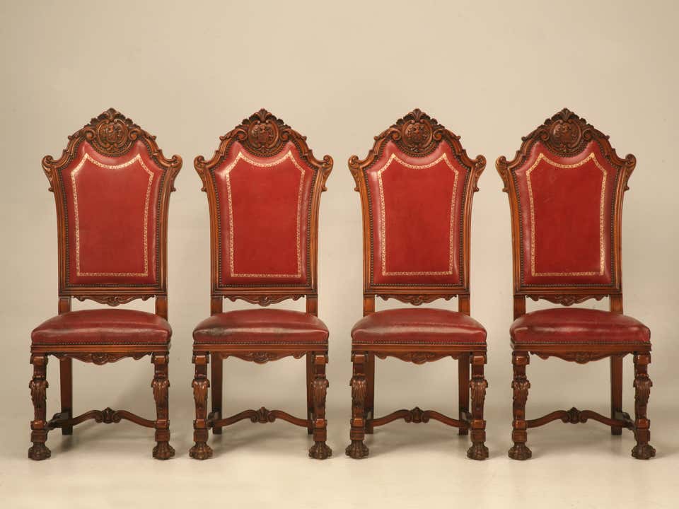 Decadent Set of 4 Breathtaking Heavily Carved Old World Red Leather ...