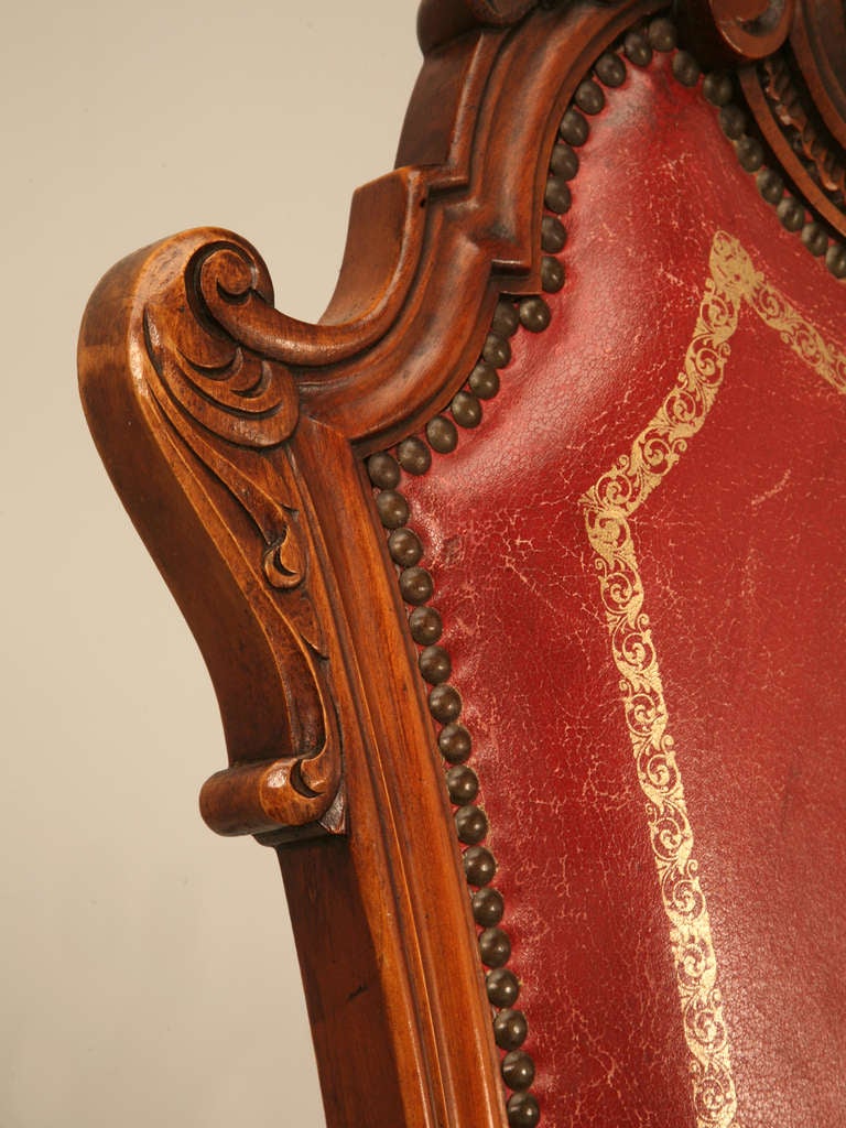 Decadent Set of 4 Breathtaking Heavily Carved Old World Red Leather Side Chairs