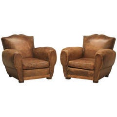 C1930's Classic Moustache French Leather Club Chairs