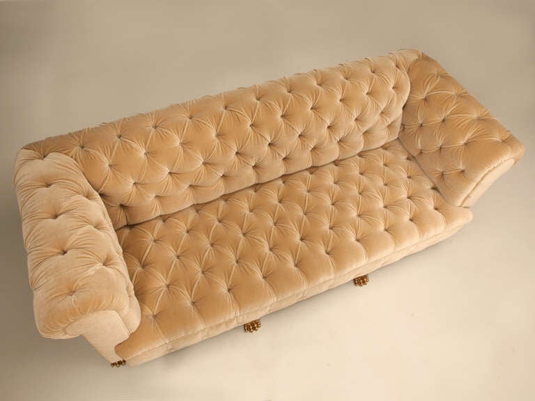 American Custom French Mid-Century Tufted Back Sofa with Gold-Plated Feet