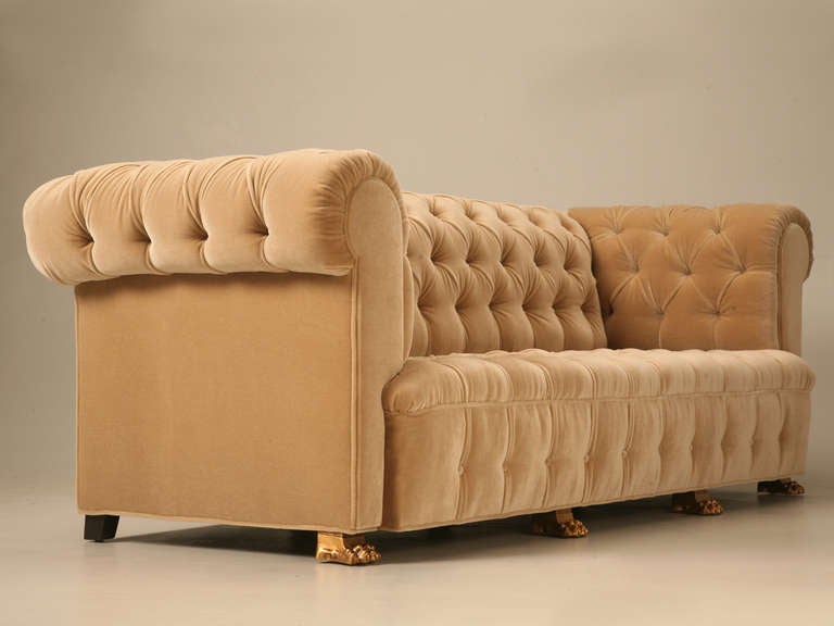 Custom French Mid-Century Tufted Back Sofa with Gold-Plated Feet 3