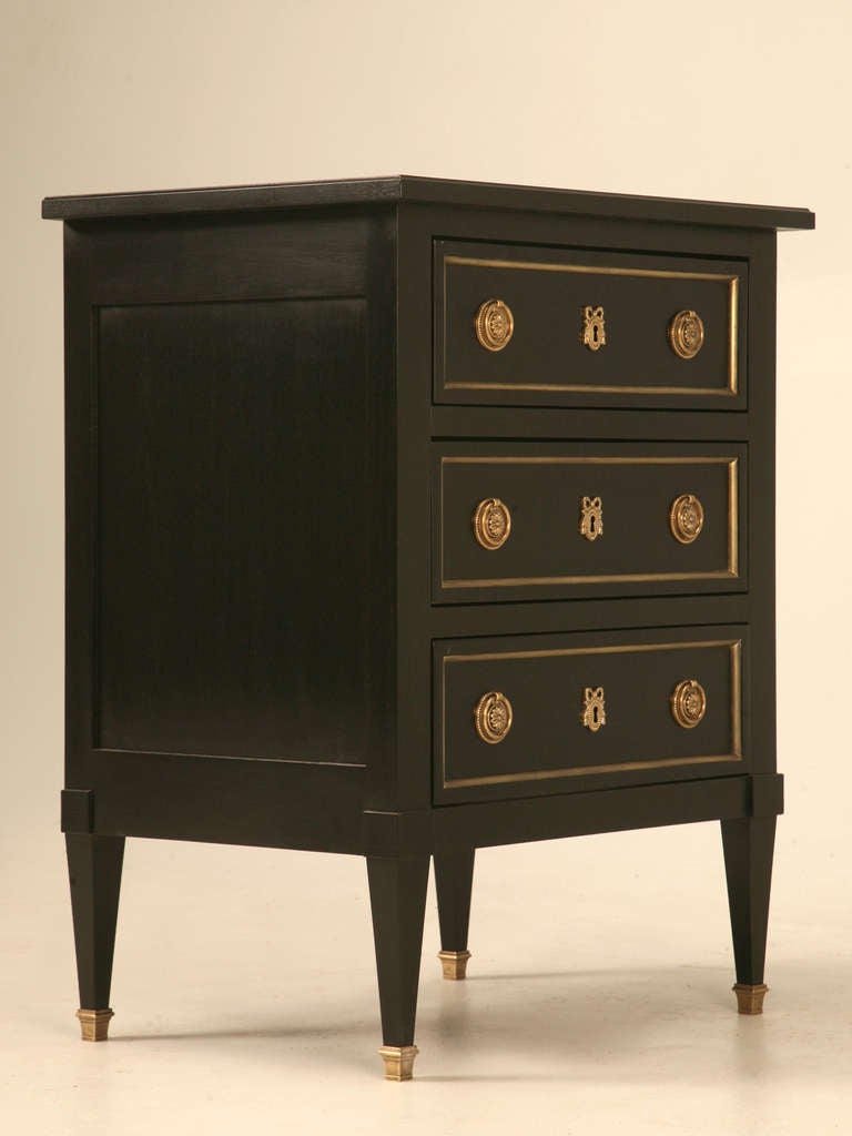 Custom-made in our Old Plank workshop, this authentic French Directoire style nightstand can be produced in any size or finish. Note the original brass hardware and correct trim.
