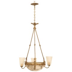 Jaw Dropping French Alabaster Hanging Light Fixture w/Art Deco Frosted Shades