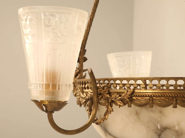 Jaw Dropping French Alabaster Hanging Light Fixture w/Art Deco Frosted Shades 3