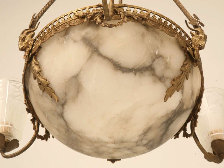 Jaw Dropping French Alabaster Hanging Light Fixture w/Art Deco Frosted Shades 5