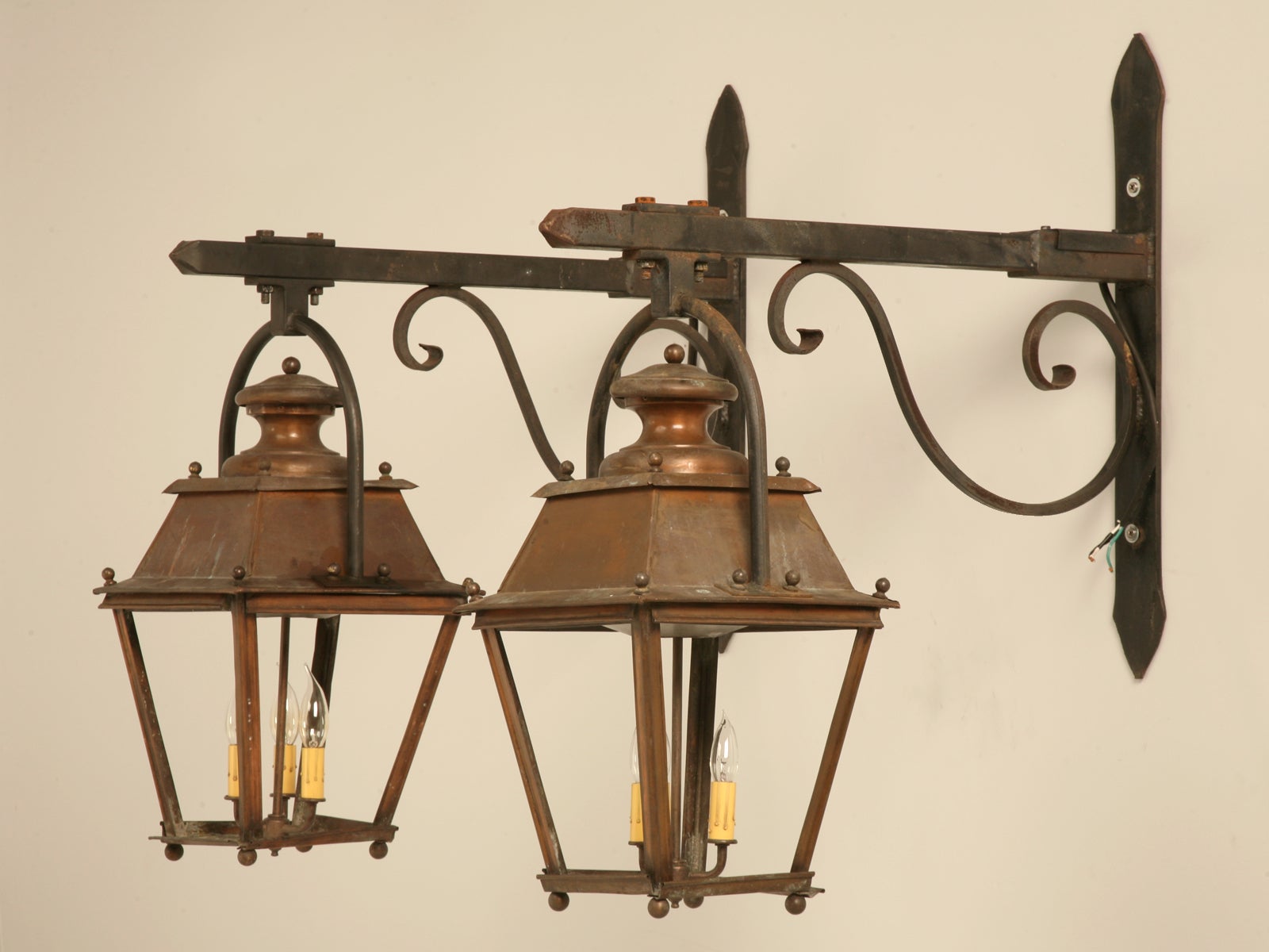 Original Antique French Copper Lanterns w/Hand-Wrought Iron Brackets--Rewired