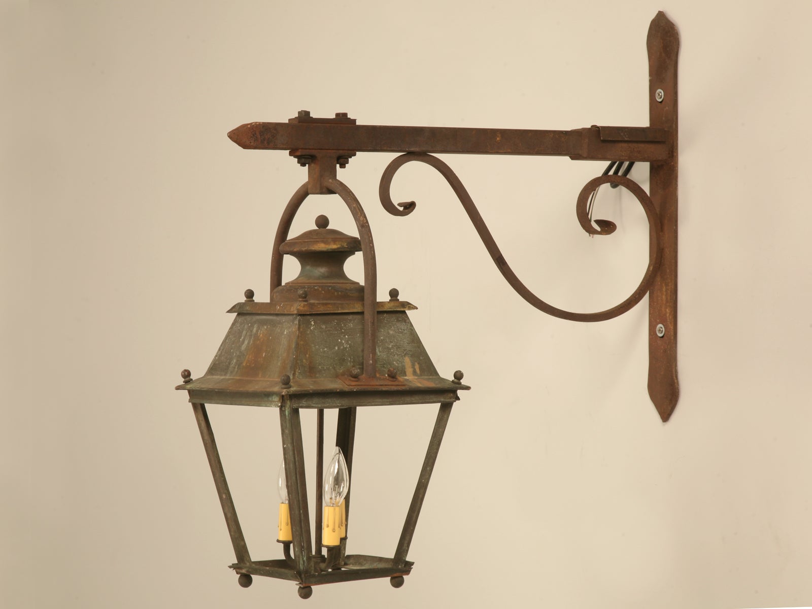 Original Antique French Copper Lantern on Hand-Wrought Iron Bracket-Just Rewired