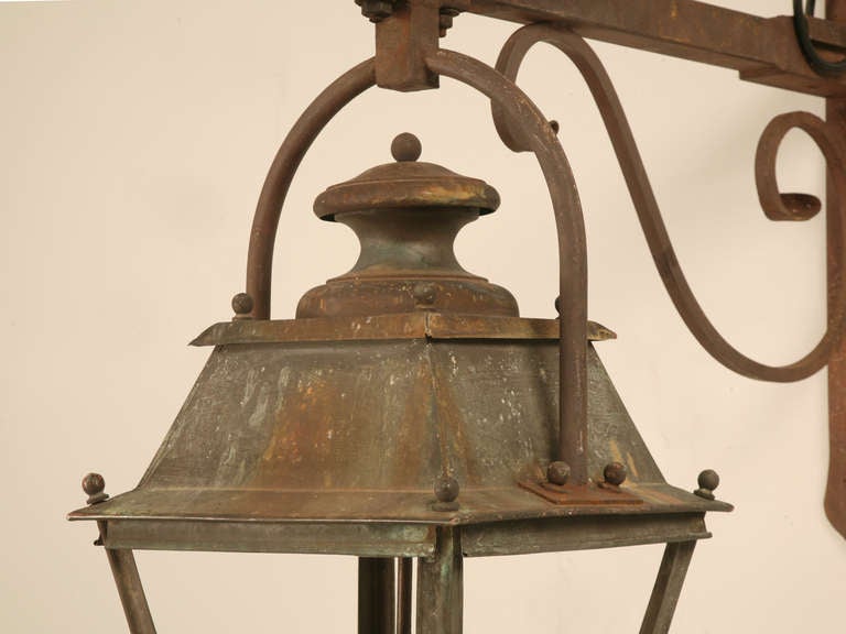 Hand-Crafted Original Antique French Copper Lantern on Hand-Wrought Iron Bracket-Just Rewired