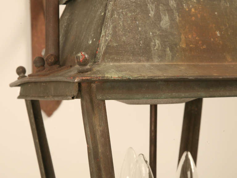 20th Century Original Antique French Copper Lantern on Hand-Wrought Iron Bracket-Just Rewired