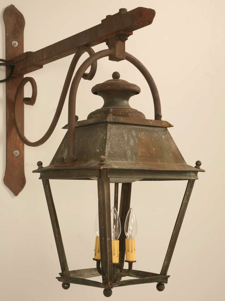 Original Antique French Copper Lantern on Hand-Wrought Iron Bracket-Just Rewired 1