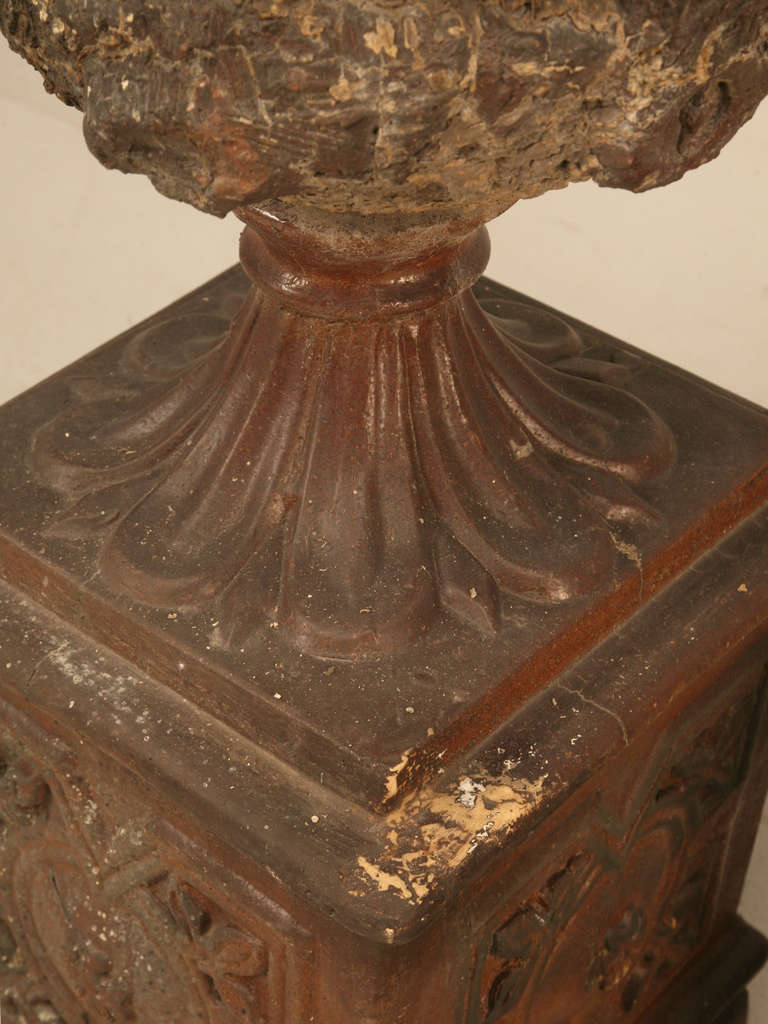 Circa 1900 Pair of English Salt Glazed Terracotta Urns on Plinths 2