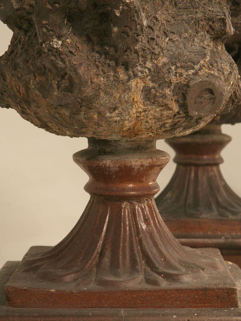 Circa 1900 Pair of English Salt Glazed Terracotta Urns on Plinths 3