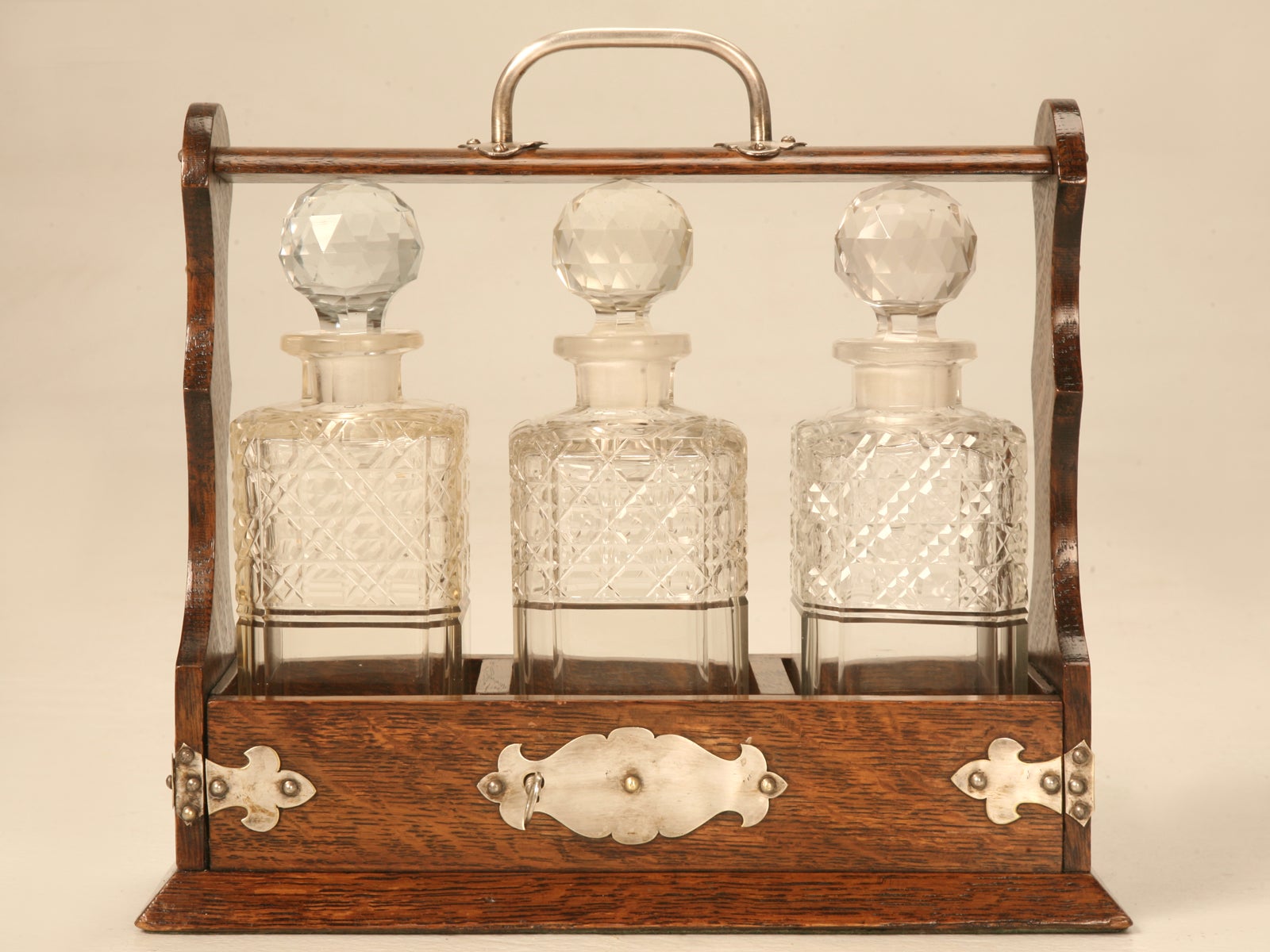 Original Antique English Oak 
Hand-Cut Crystal Locking Tantalus w/Key