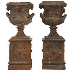 Antique Circa 1900 Pair of English Salt Glazed Terracotta Urns on Plinths