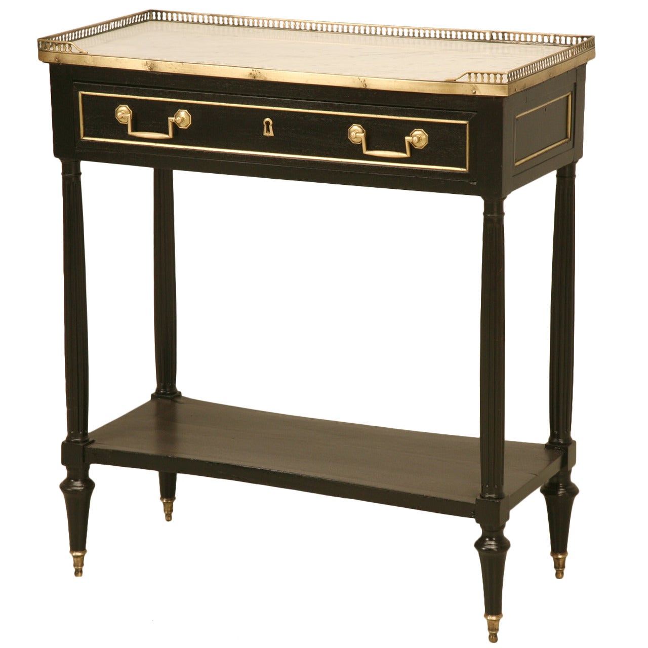 French Antique Console Table in Ebonized Mahogany with a Brass Gallery
