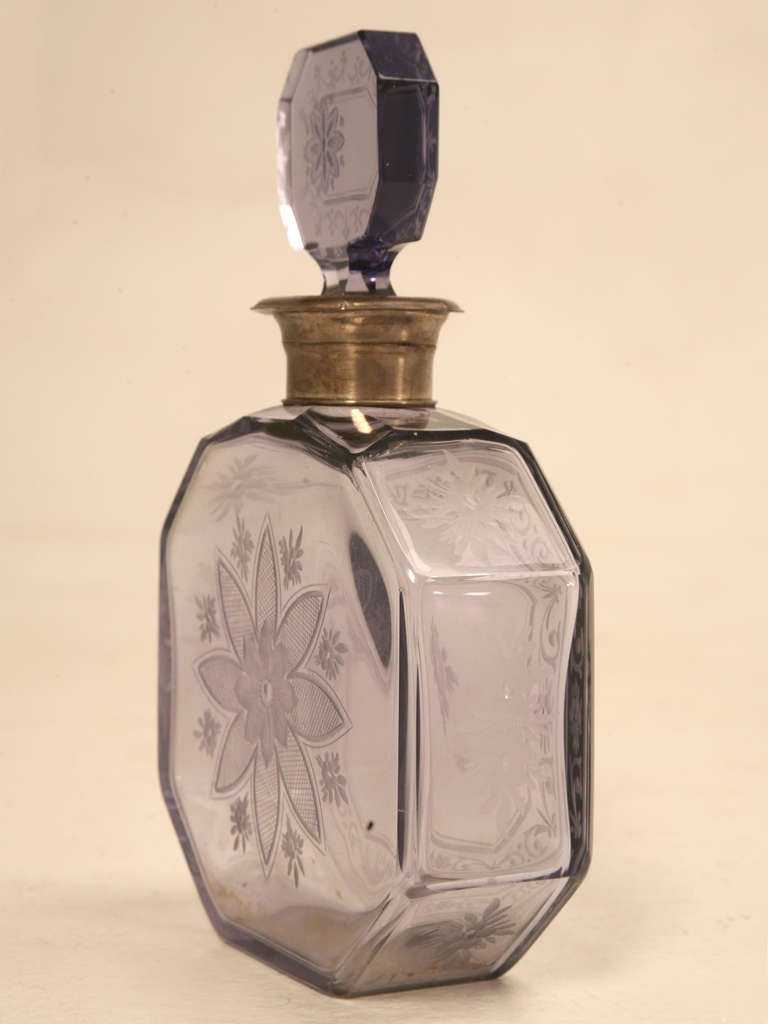 19th Century Antique French Thistle Colored Glass Perfume Decanter w/Engraved Decorations