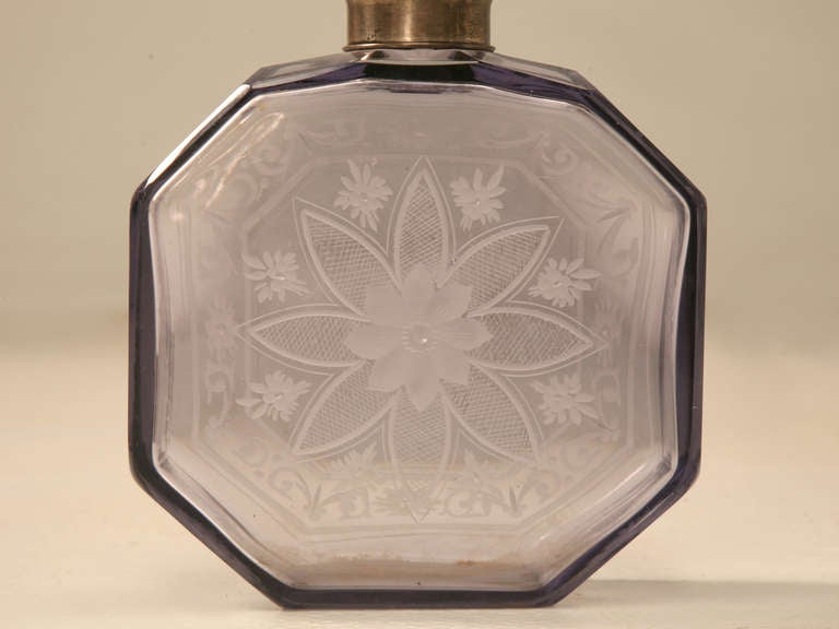 Antique French Thistle Colored Glass Perfume Decanter w/Engraved Decorations 4