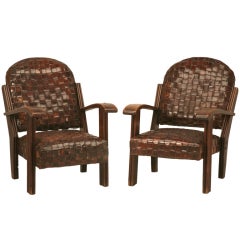 Chic & Unique Pair of Vintage French Hand Woven Leather Club Chairs-Art Deco?