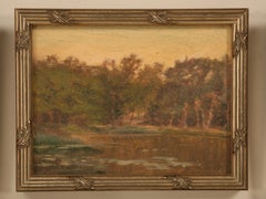 Original Antique French Oil Painting of a Village Lake in Newer Custom Frame