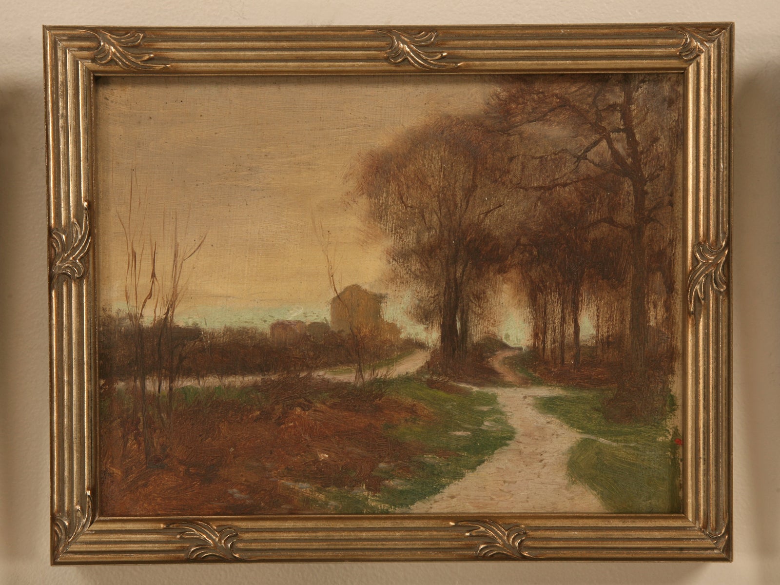 Original Antique French Oil Painting of Meandering Roads in Newer Custom Frame