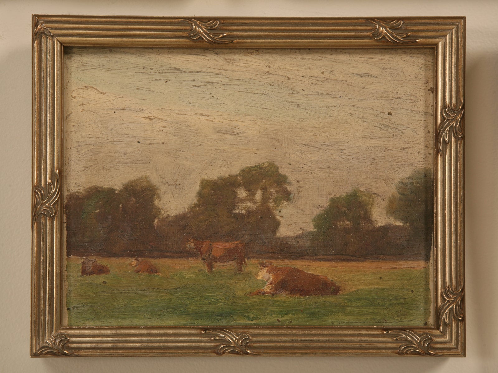 Original Antique French Oil Painting of Cattle in Newer Custom Frame