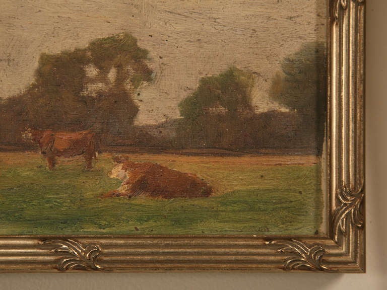 Original Antique French Oil Painting of Cattle in Newer Custom Frame In Good Condition In Chicago, IL