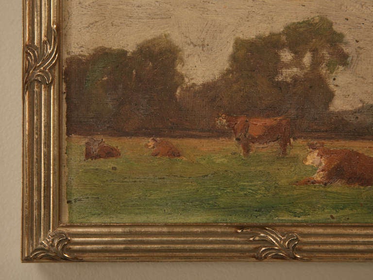 20th Century Original Antique French Oil Painting of Cattle in Newer Custom Frame