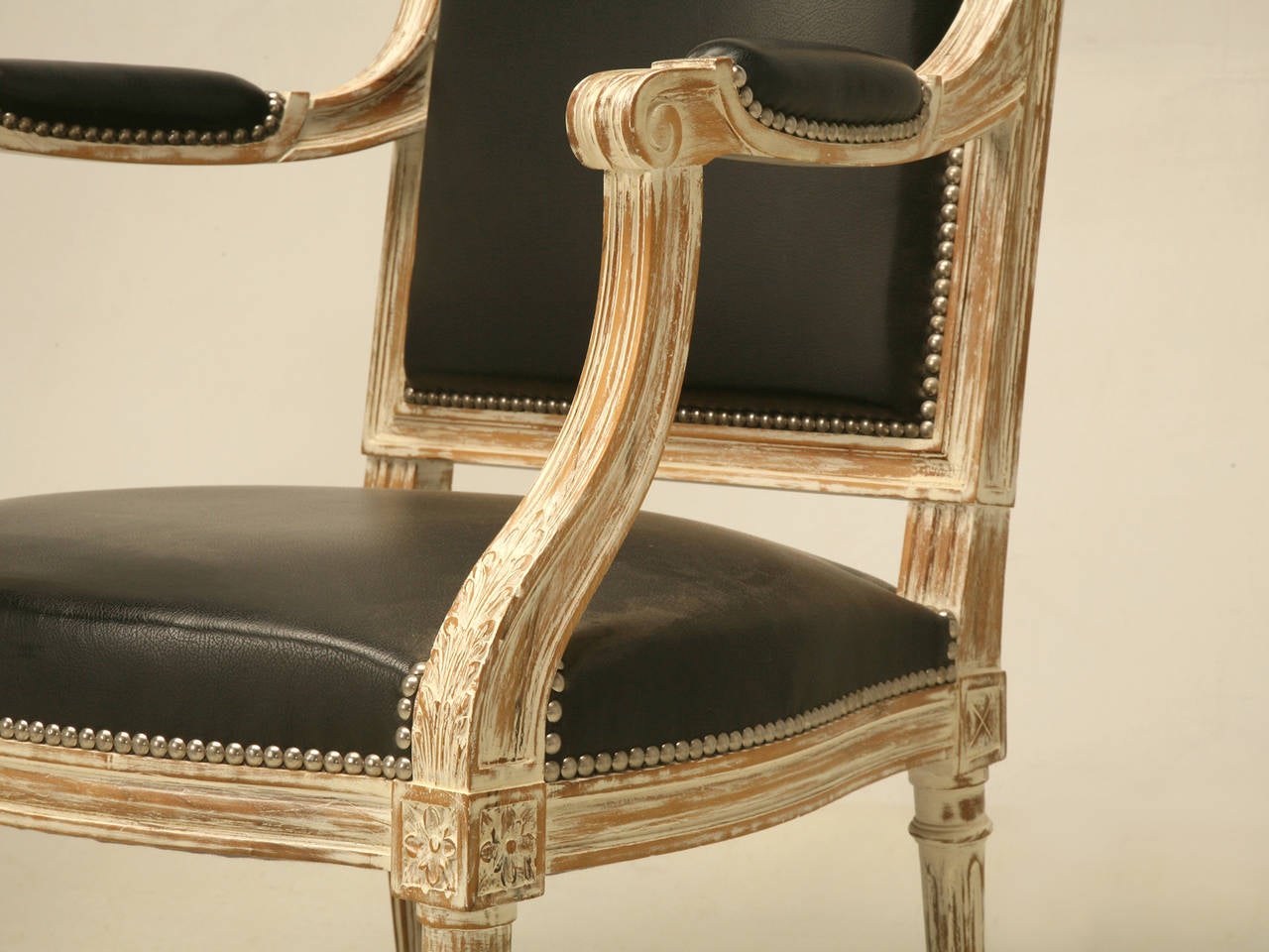 French Louis XVI Style Painted Armchairs in Black Leather 2