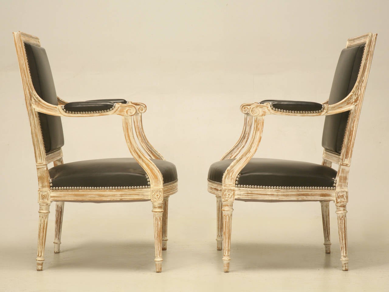 French Louis XVI Style Painted Armchairs in Black Leather 5