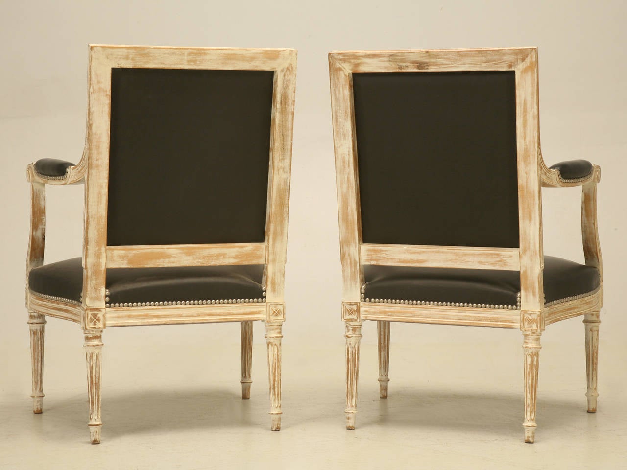 French Louis XVI Style Painted Armchairs in Black Leather 6