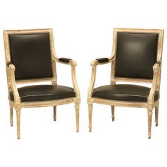French Louis XVI Style Painted Armchairs in Black Leather