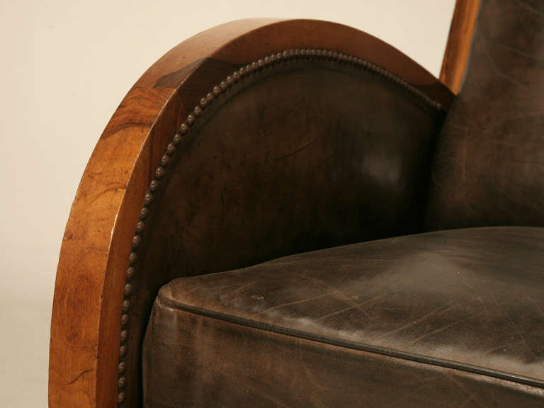 Pair of French Art Deco Leather and Walnut Club Chairs 2