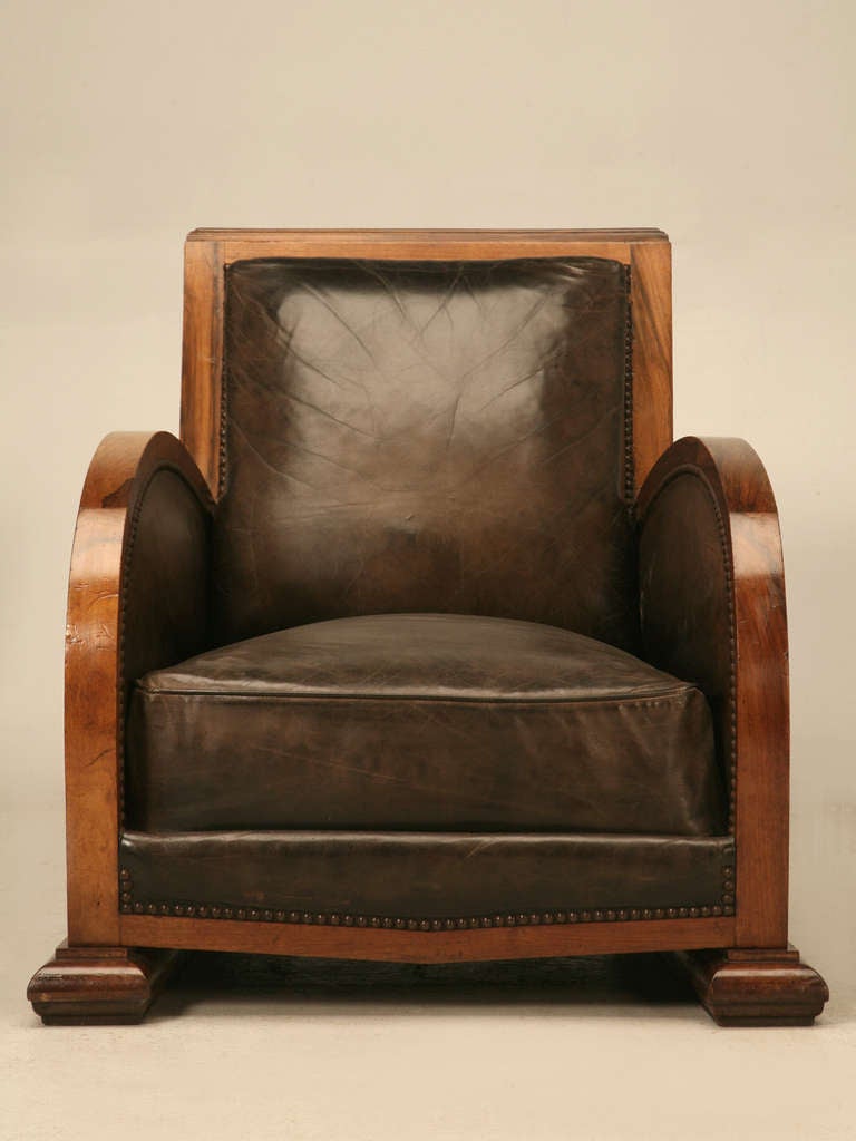 Pair of French Art Deco Leather and Walnut Club Chairs 4
