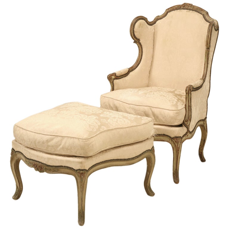 Louis XV Style French Antique Berg re and Ottoman in Original Paint Great Patina