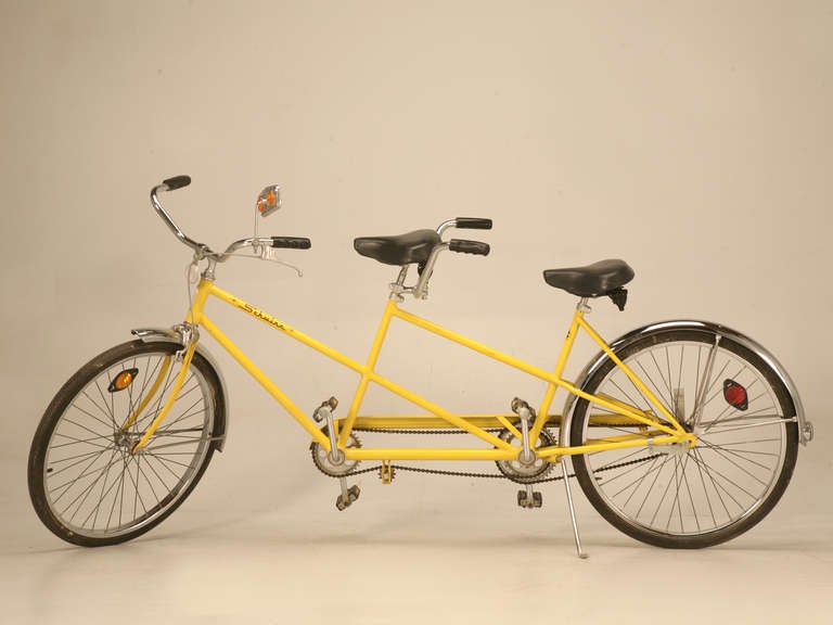 A picnic, a ride around the park or a twilight jaunt are easily navigated in this vintage Schwinn Twinn. Finished in a bright and cheery Kool Lemon yellow, this bike has had only one owner since it was new in '72. Pride of ownership shows in this