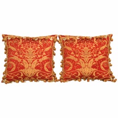 Opulent Pair of Lavish Red & Gold Pillows Adorned with Carved Jade Roosters