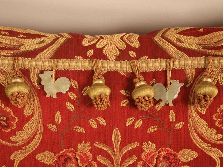 Opulent Pair of Lavish Red & Gold Pillows Adorned with Carved Jade Roosters