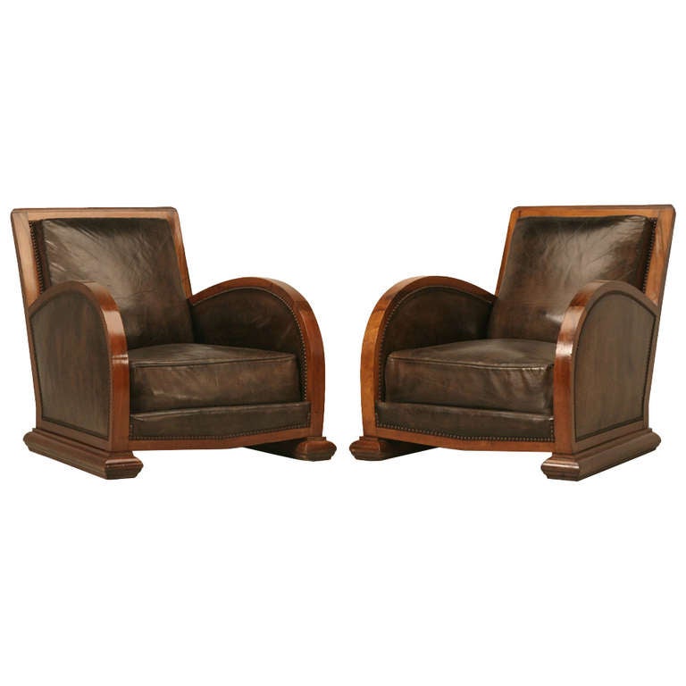 Pair of French Art Deco Leather and Walnut Club Chairs