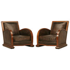 Pair of French Art Deco Leather and Walnut Club Chairs